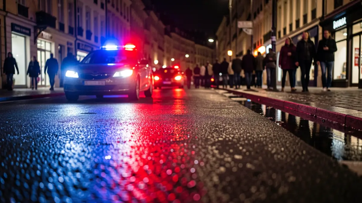 Generic image of police emergency lights reflecting on wet asphalt.