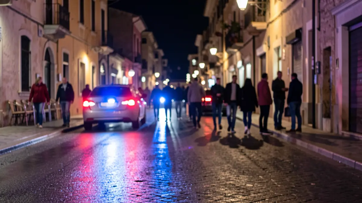 Imatge genèrica de llums d'emergència policials reflectint-se en asfalt mullat.