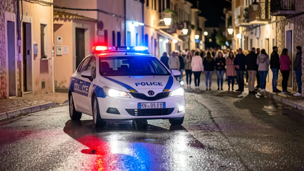 Imagen genérica de luces de emergencia policiales reflejándose en asfalto mojado.