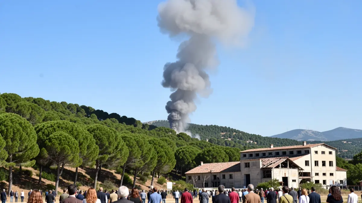 Imatge genèrica d'un incendi forestal prop d'una nau industrial abandonada.