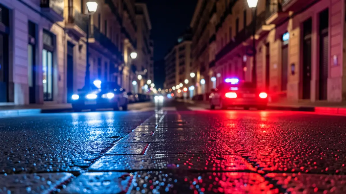Generic image of police emergency lights reflecting on an urban street.