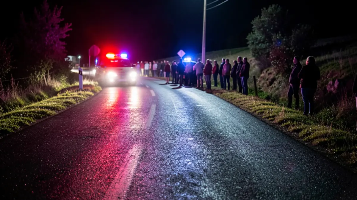 Generic image of emergency lights reflecting on a wet road at night.