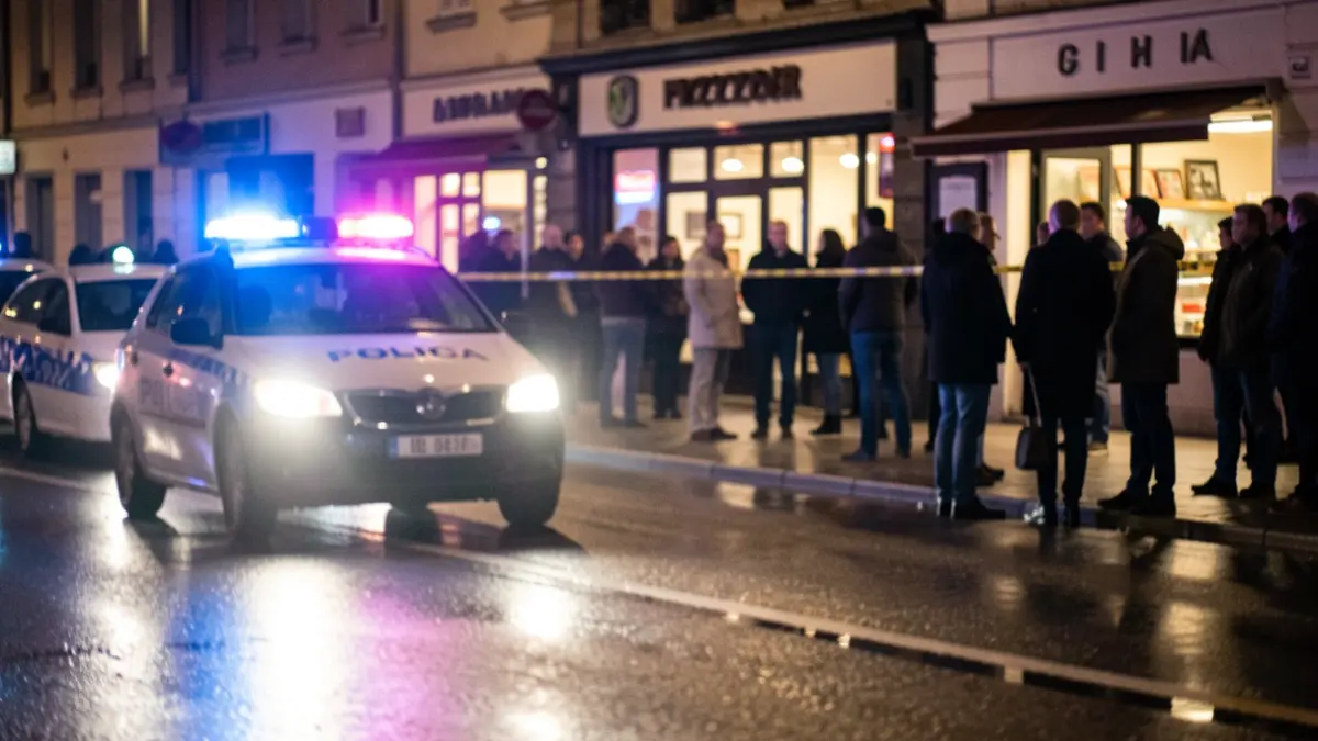 Imatge genèrica de llums policials reflectint-se en asfalt mullat a la nit.