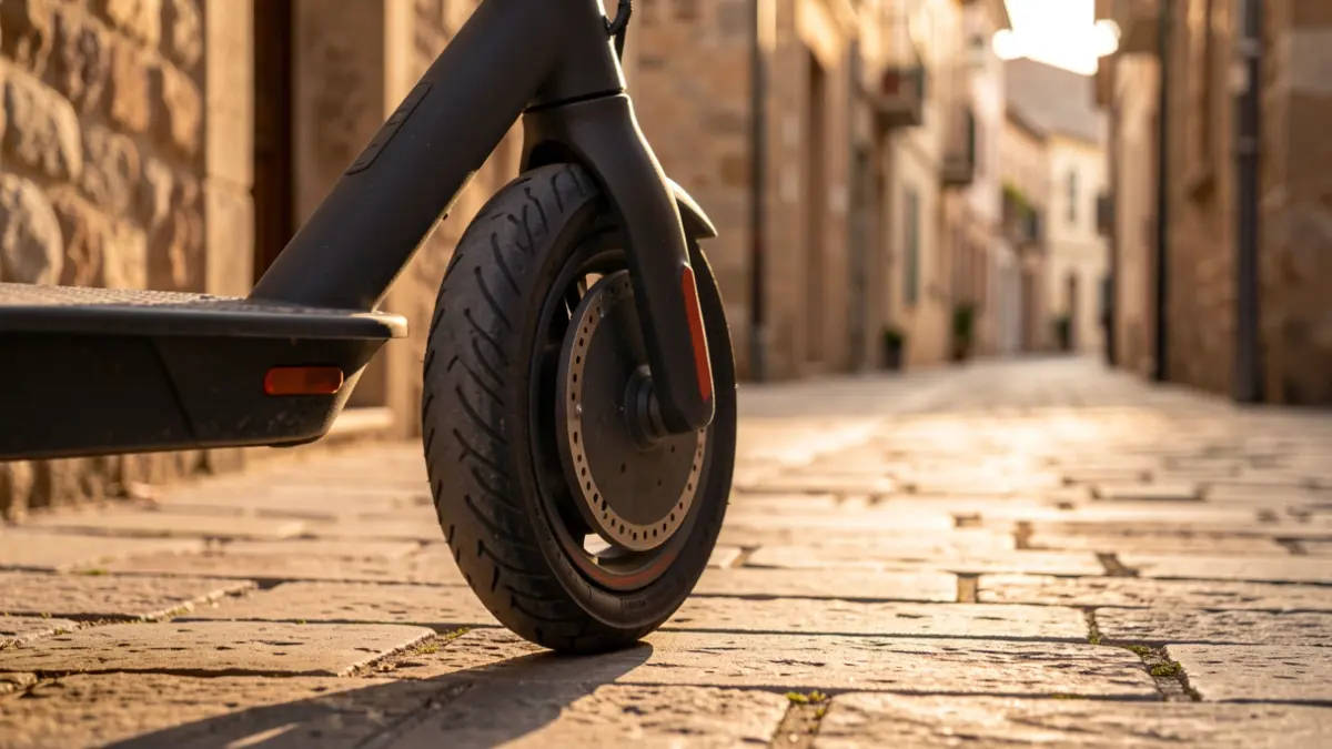 Electric scooter wheel parked on a stone sidewalk in Terrassa with warm light.