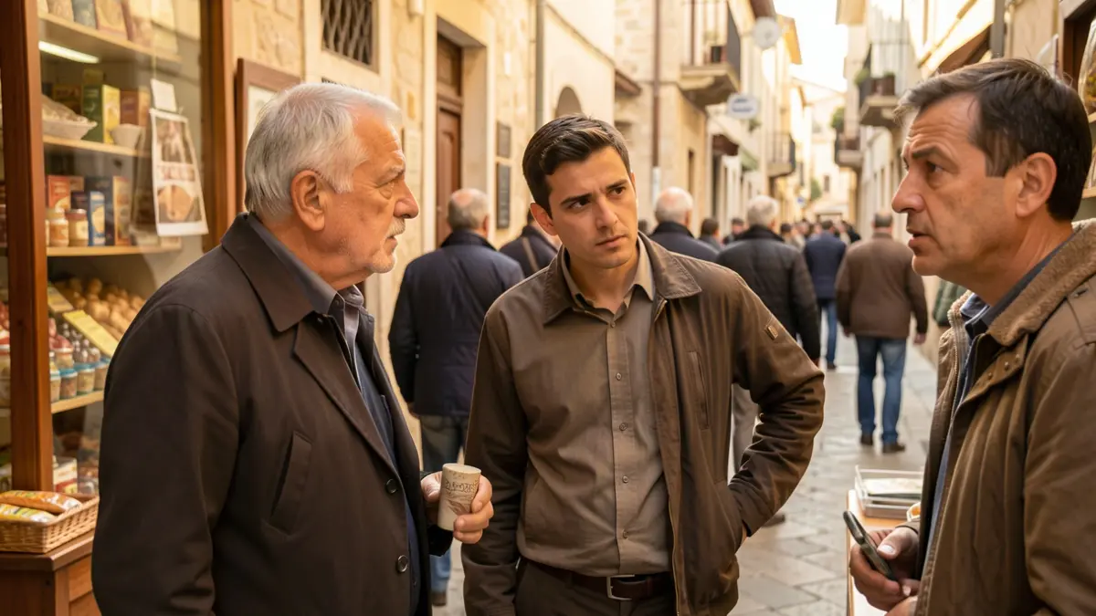 Dues persones sospitoses parlant amb un comerciant en un establiment.