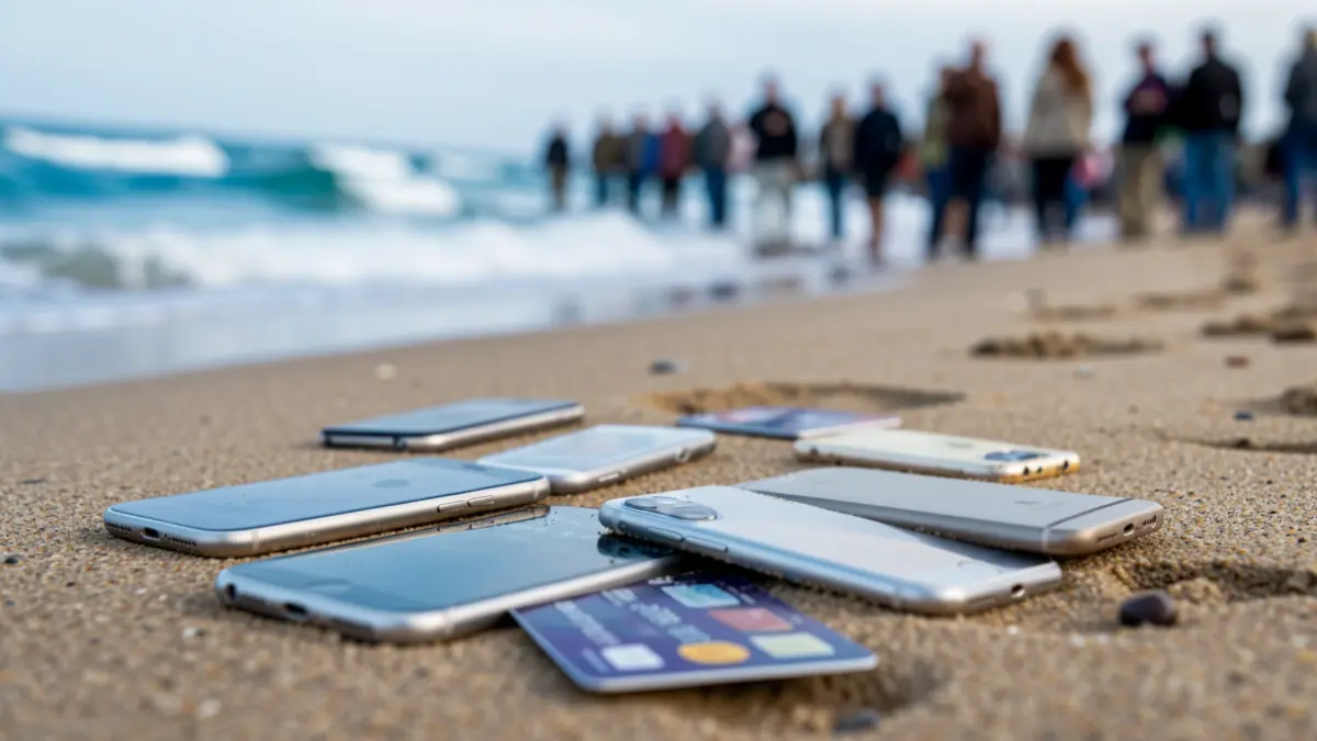 Imatge genèrica de telèfons mòbils i targetes bancàries abandonats a la sorra d'una platja.