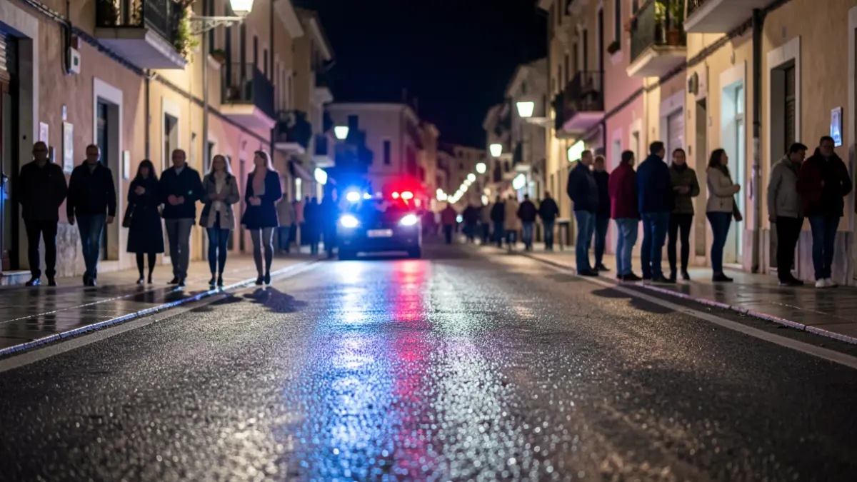 Imatge genèrica de llums d'emergència policials reflectint-se en asfalt mullat.