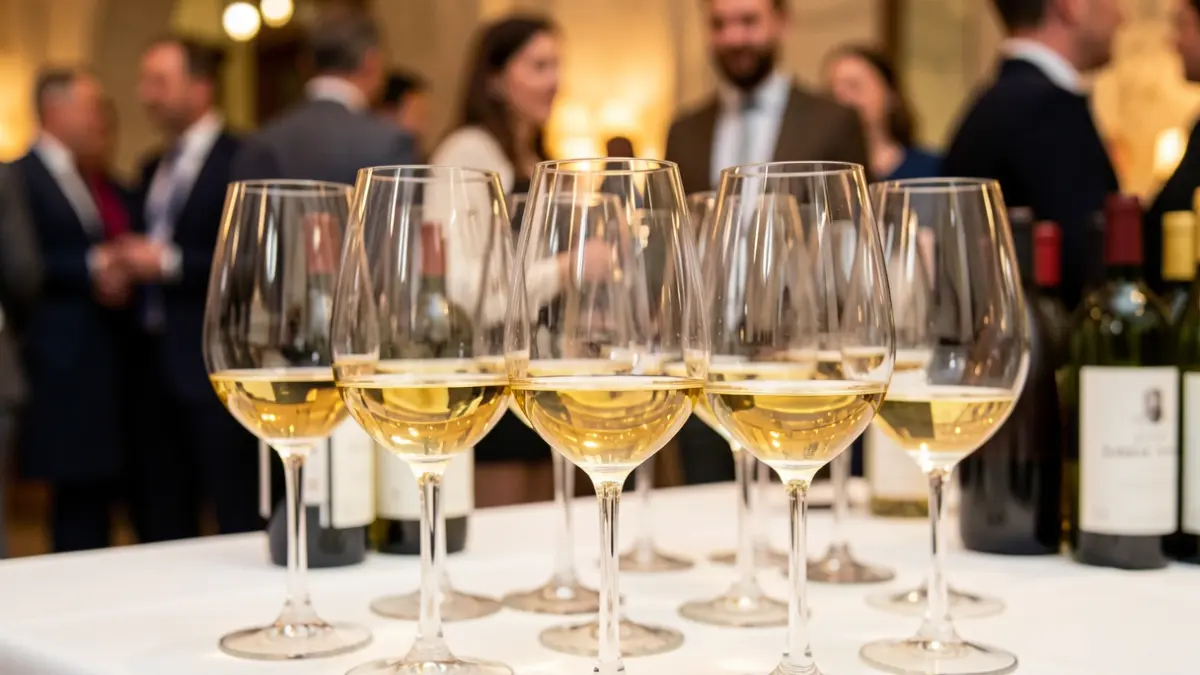 Imagen genérica de copas de vino blanco durante una degustación.