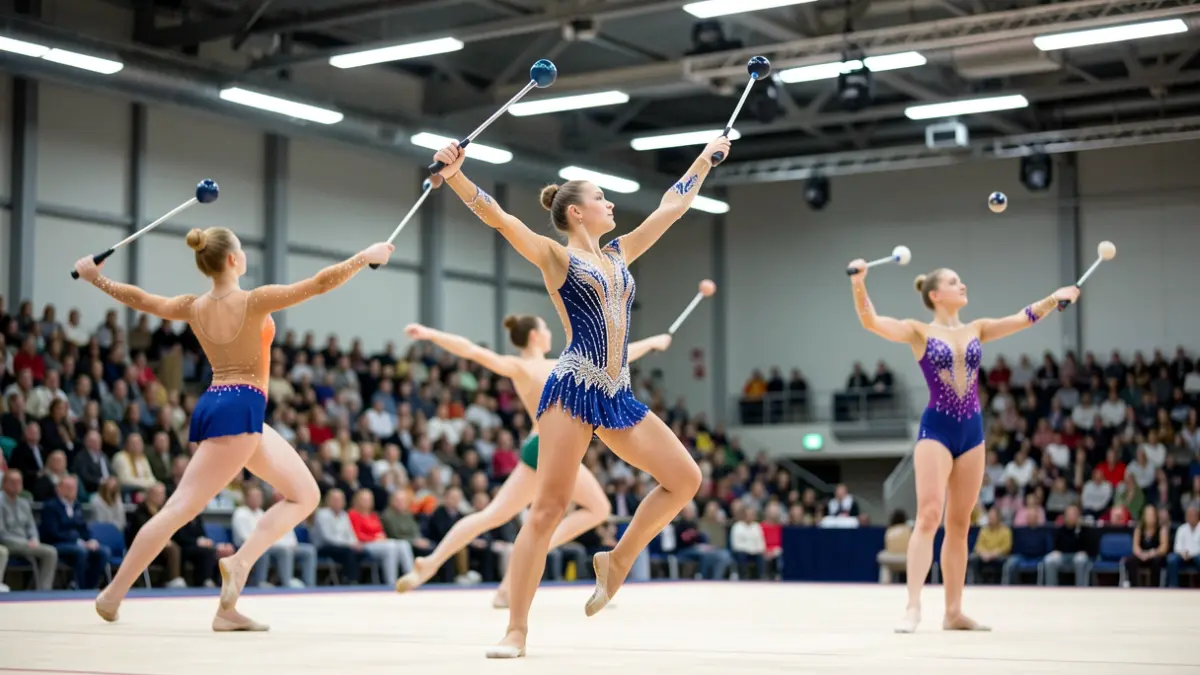 Imatge genèrica de gimnastes realitzant una rutina amb maces.