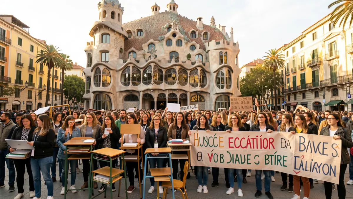 Protesta de docents davant la Casa Batlló de Barcelona amb mobiliari escolar.