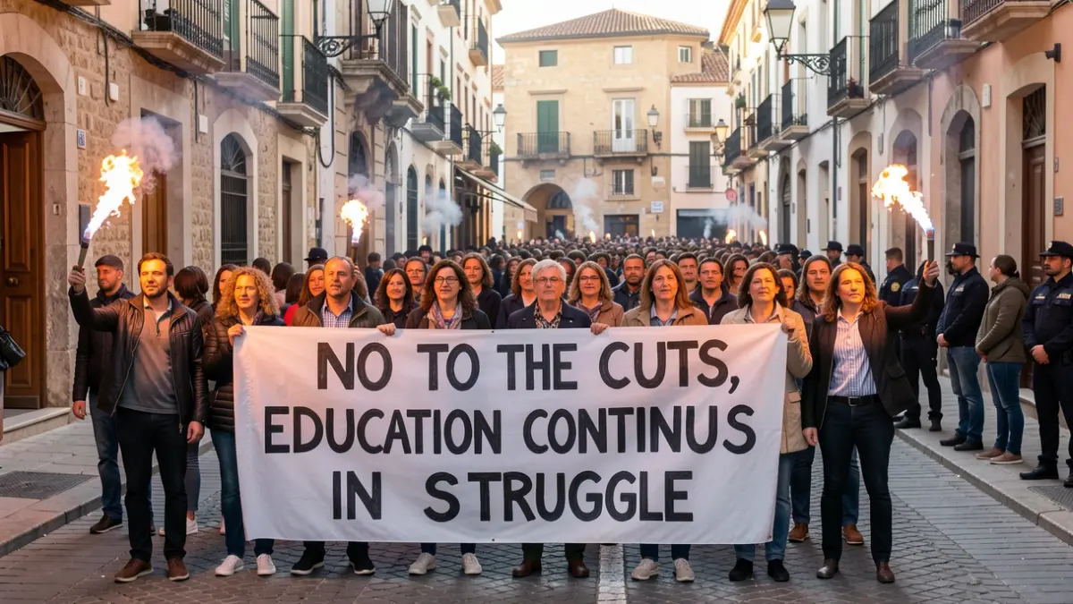 Manifestació de docents a Tortosa amb pancartes i bengales.