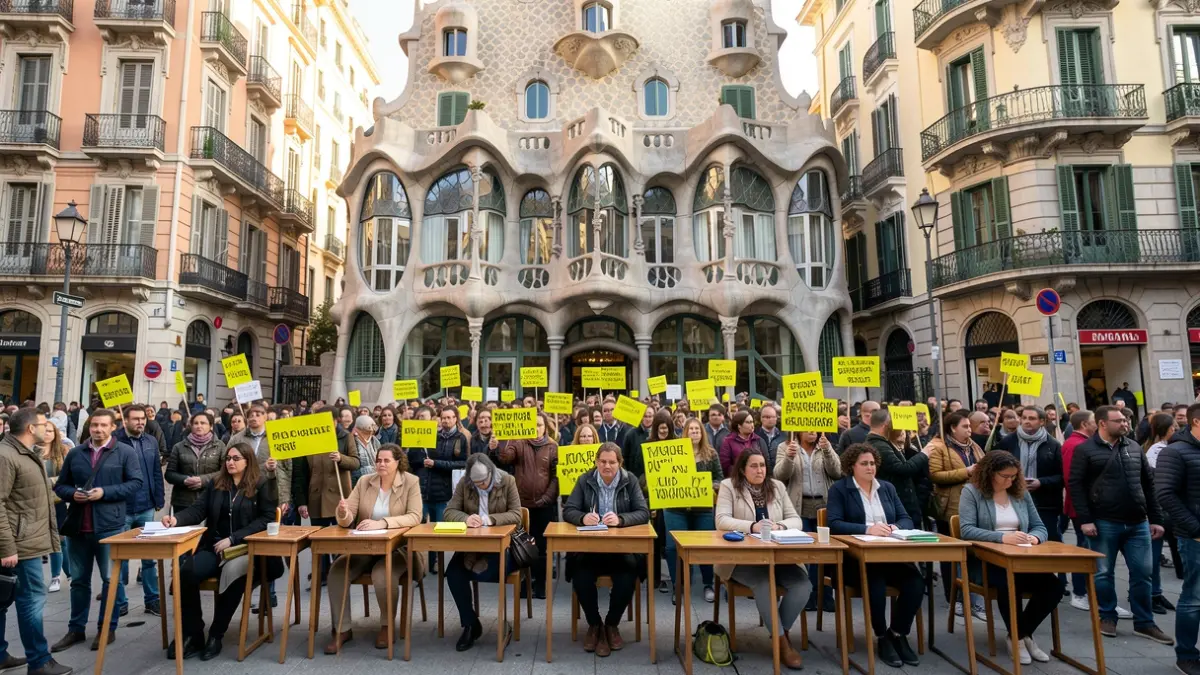 Protesta d'ensenyants davant de la Casa Batlló a Barcelona.