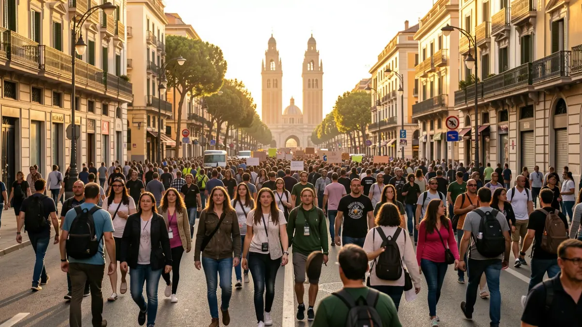 Protest by teachers in Barcelona with the Venetian Towers in the background.
