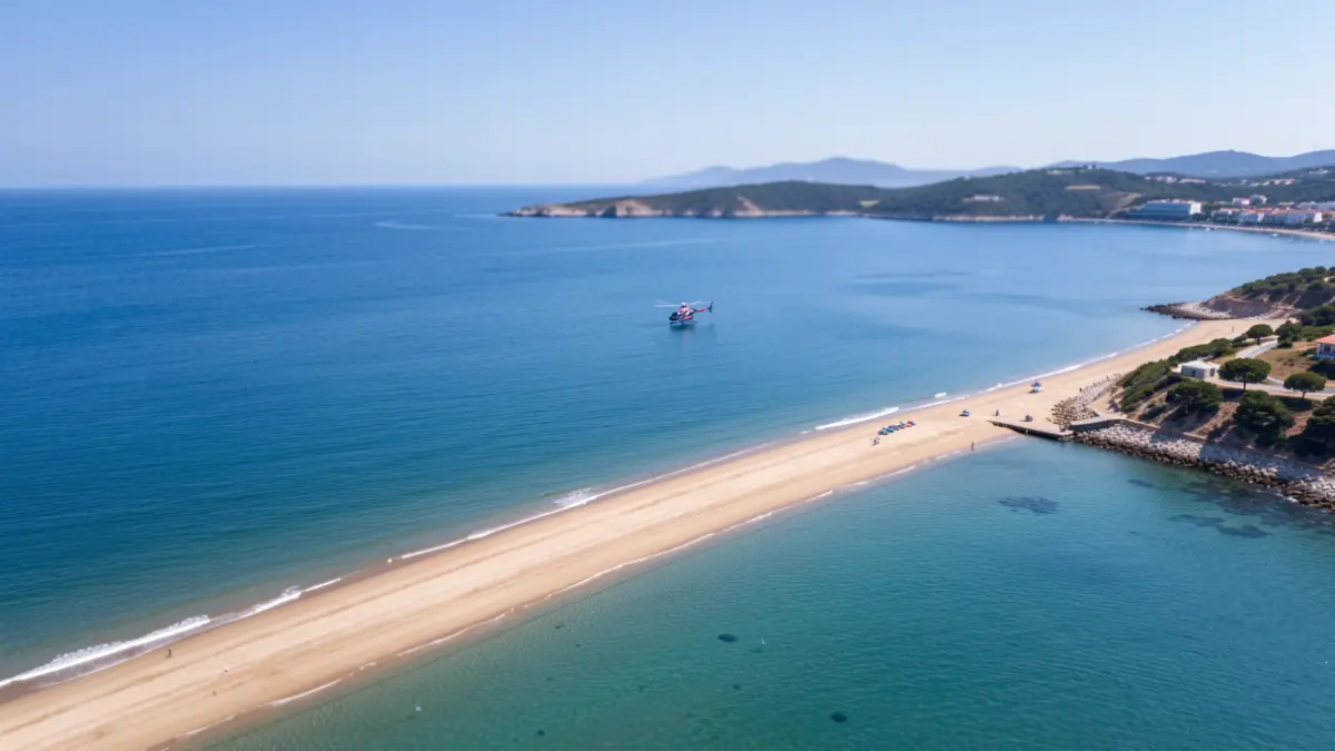 Vista aèria de la Platja Gran de Palamós amb un helicòpter medicalitzat a prop.