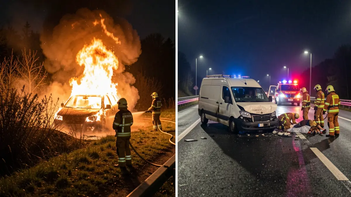 Generic image of incidents on the AP-7 highway with a burnt-out vehicle and an accident with injuries.