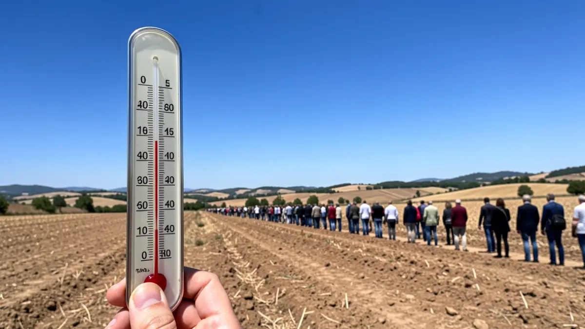 Thermometer showing high temperature in a rural Catalan landscape.
