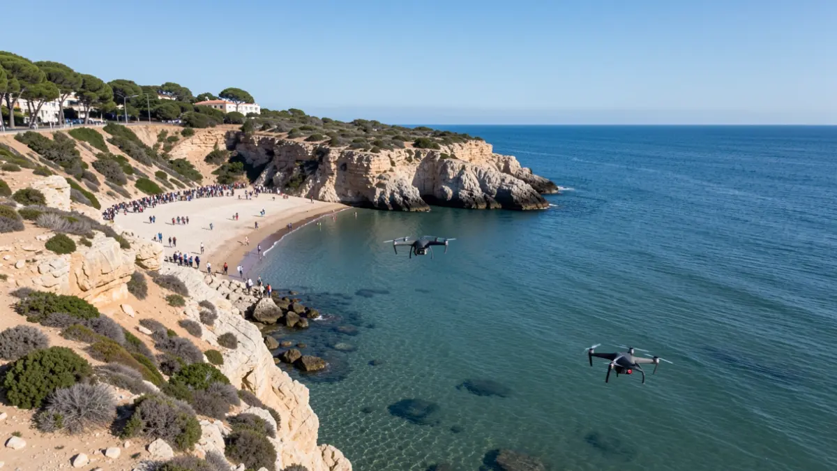 Vista aèria de la costa rocosa de Tarragona amb un dron sobrevolant la zona.