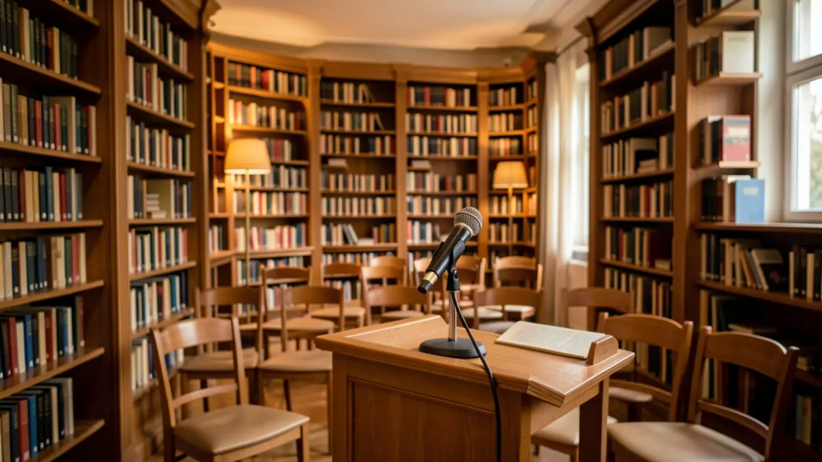 Generic image of a cultural space with a microphone and warm atmosphere.