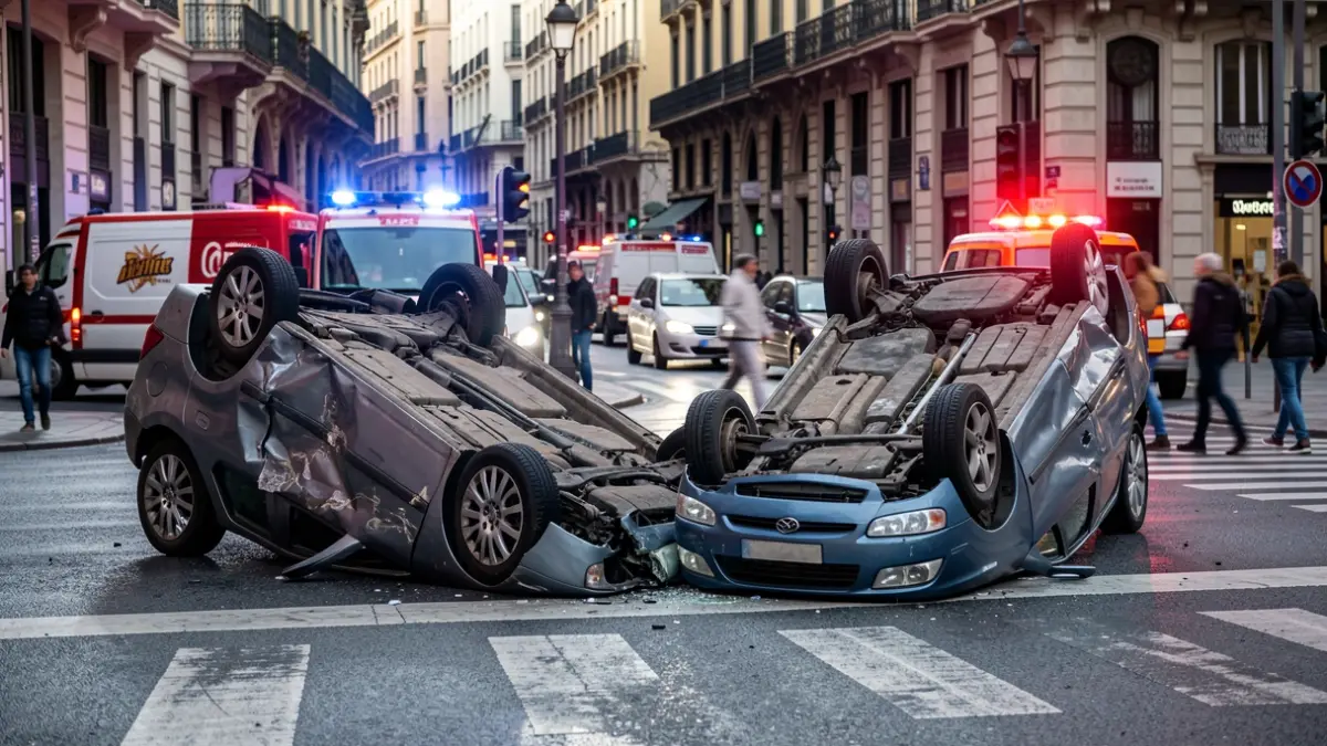 Imatge genèrica d'un accident de trànsit amb vehicles danyats i llums d'emergència.