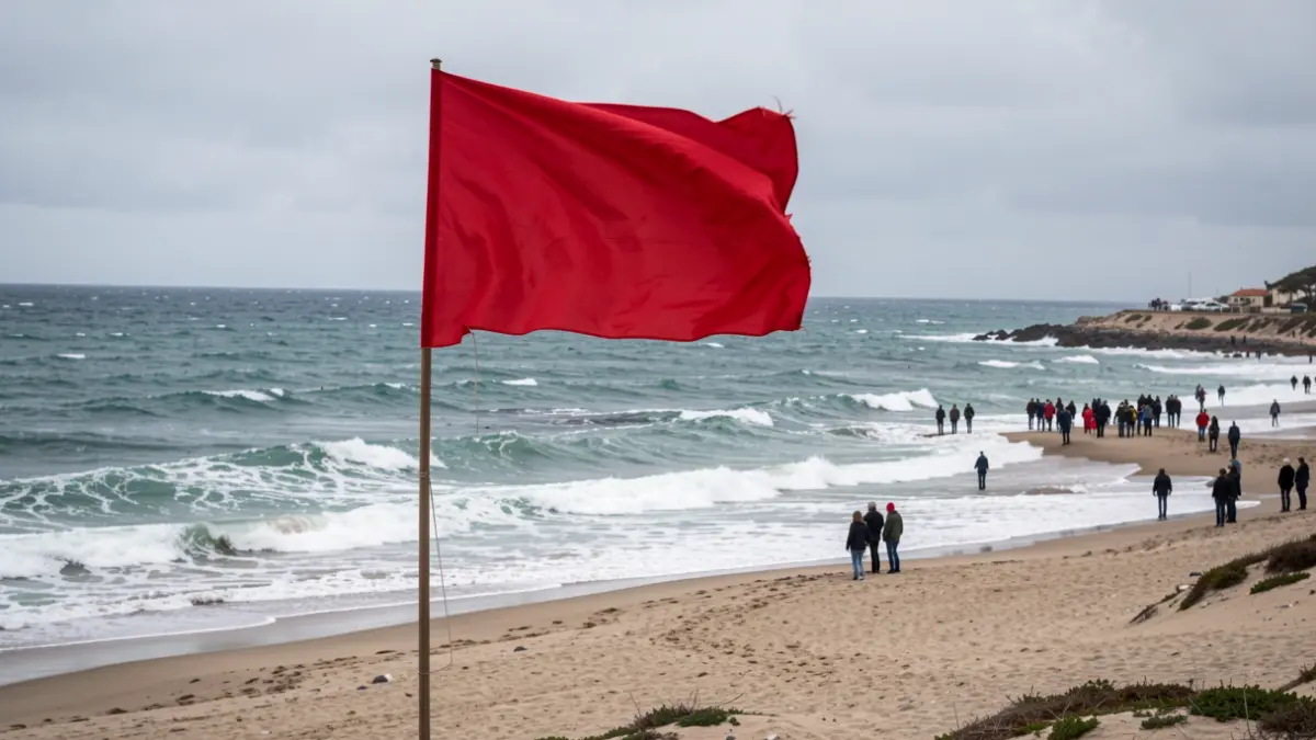 Imagen genérica de una playa con bandera roja y mar agitada.