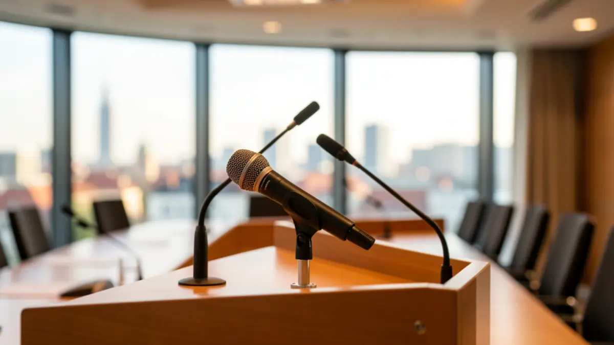 Imagen genérica de un atril con un micrófono en una sala de conferencias.