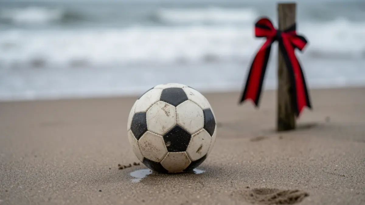Football on wet sand with a black mourning ribbon.