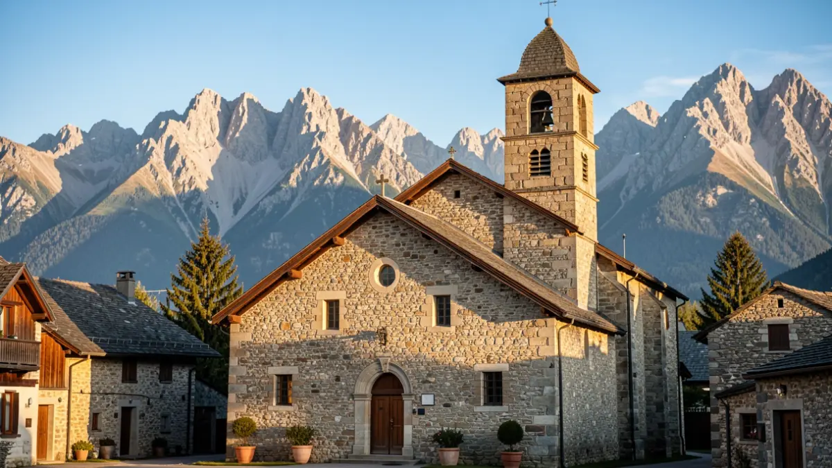 Generic image of a stone church in the Pyrenean mountains.
