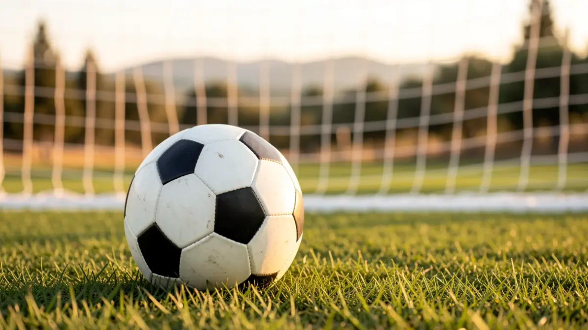 Generic image of a soccer ball on grass with the goal blurred in the background.
