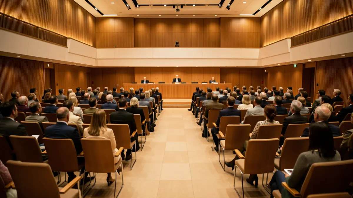 Imagen genérica de una sala de asamblea vacía con un atril.