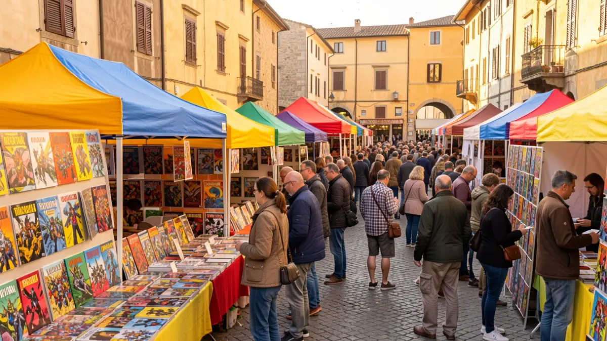 Generic image of an outdoor comic book fair with stalls and people.