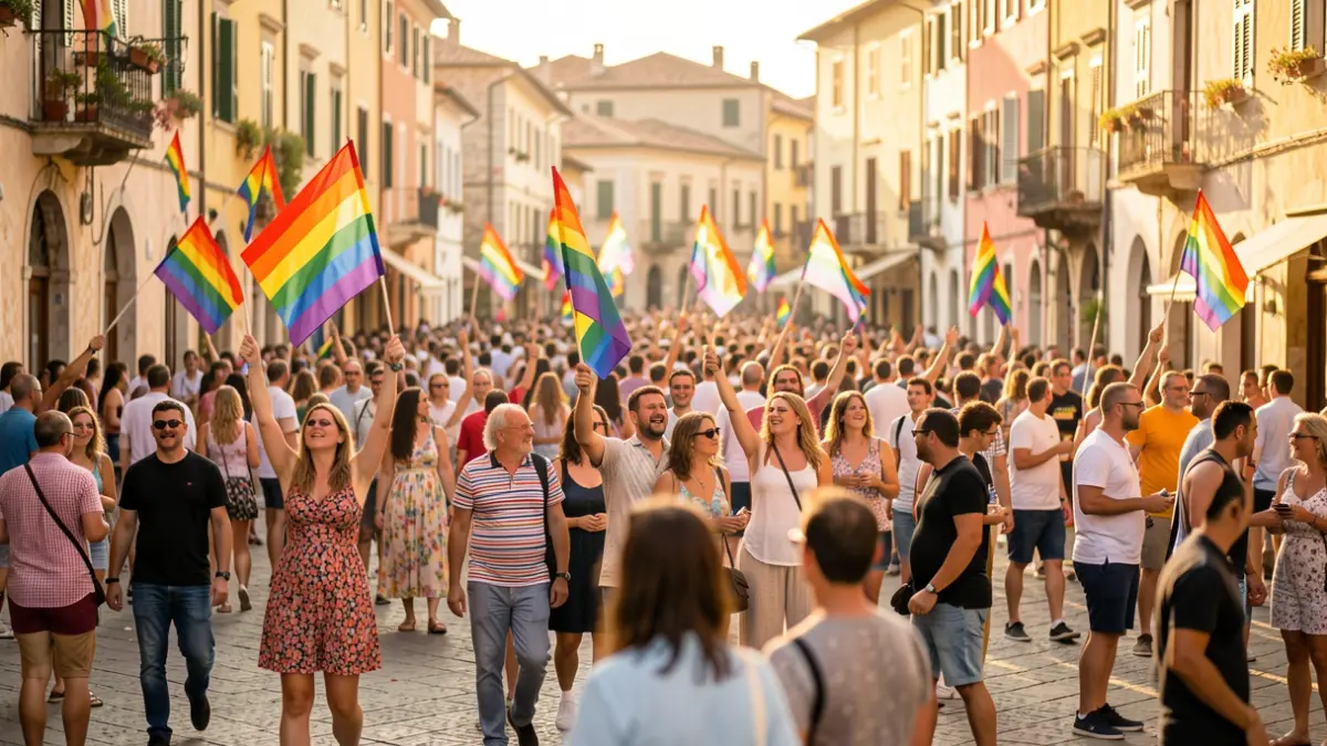 Generic image of an LGBTQ+ Pride event in a Mediterranean town square.
