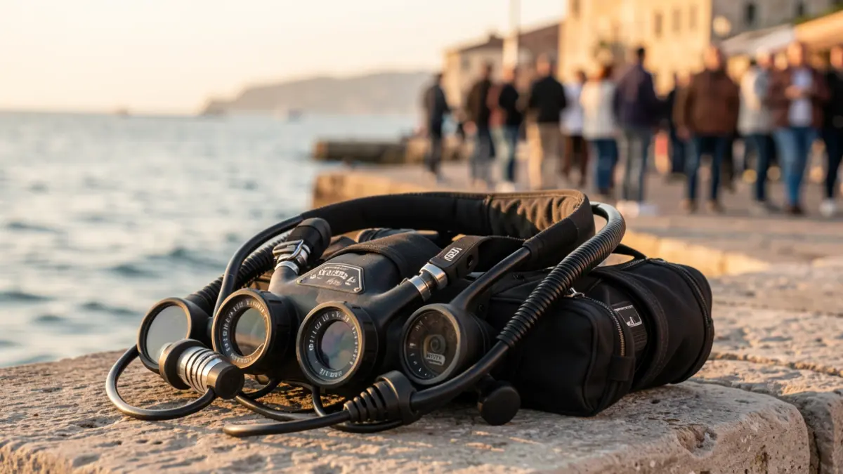 Equipo de buceo profesional en un muelle de piedra con el mar de fondo.