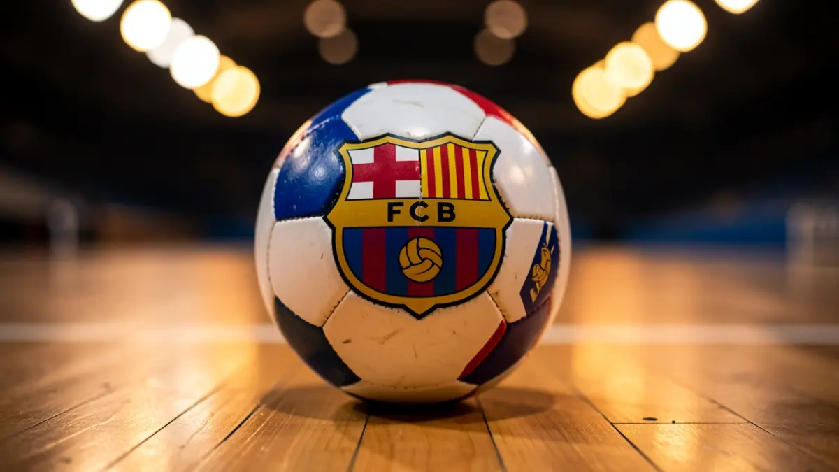 Pilota d'handbol del Barça sobre el parquet d'un pavelló.