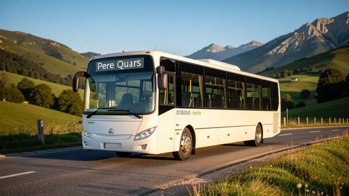 Generic image of a mobile library bus driving on a mountain road in Catalunya.