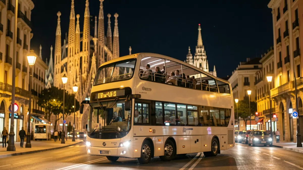 Autobús turístico nocturno de Barcelona iluminado con monumentos emblemáticos al fondo.
