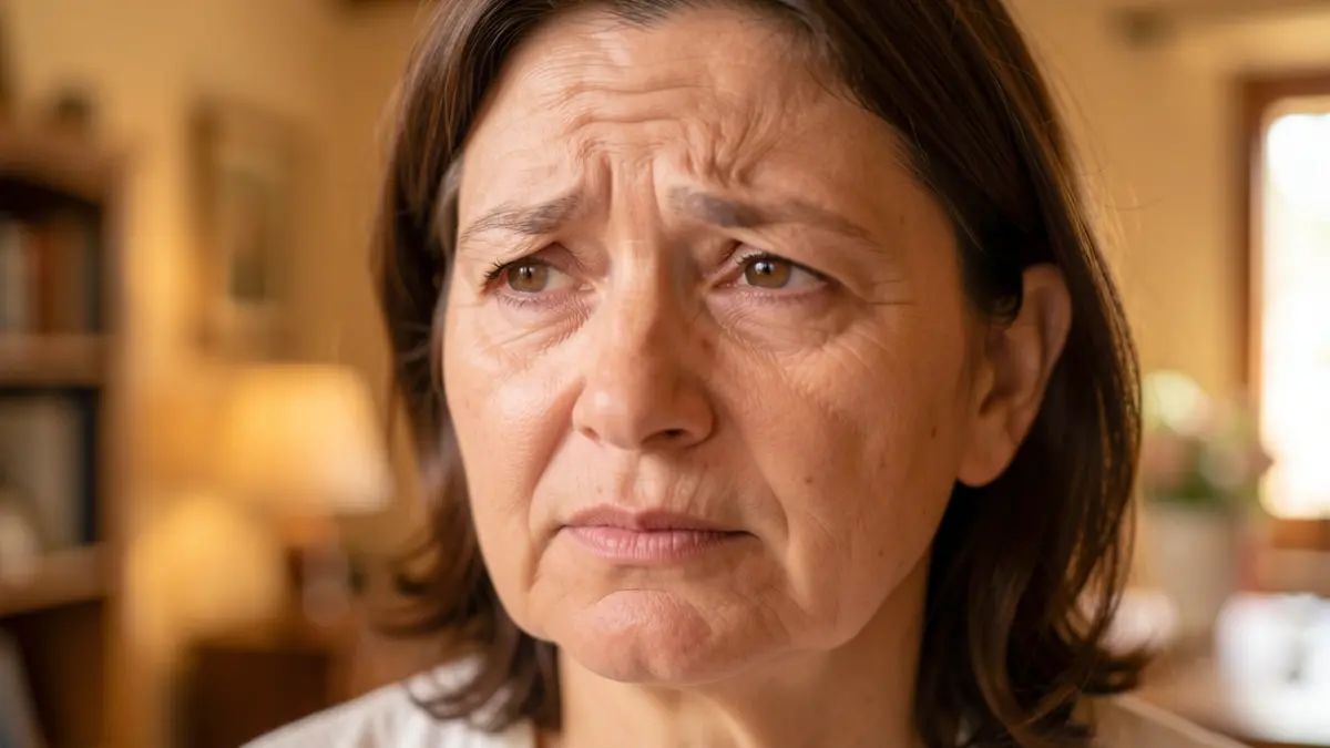 Elderly woman in a domestic setting with warm lighting.