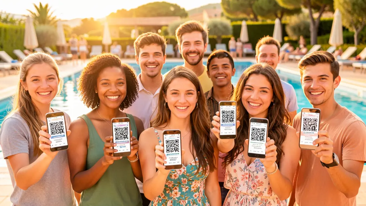 Jóvenes mostrando sus teléfonos móviles con códigos QR delante de una piscina.