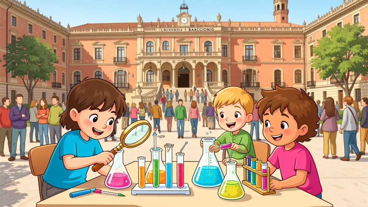 Children conducting scientific experiments at the University of Barcelona's Science Festival.