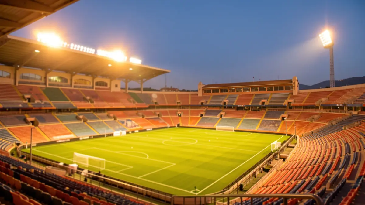 Generic image of a Catalan football stadium at dusk.