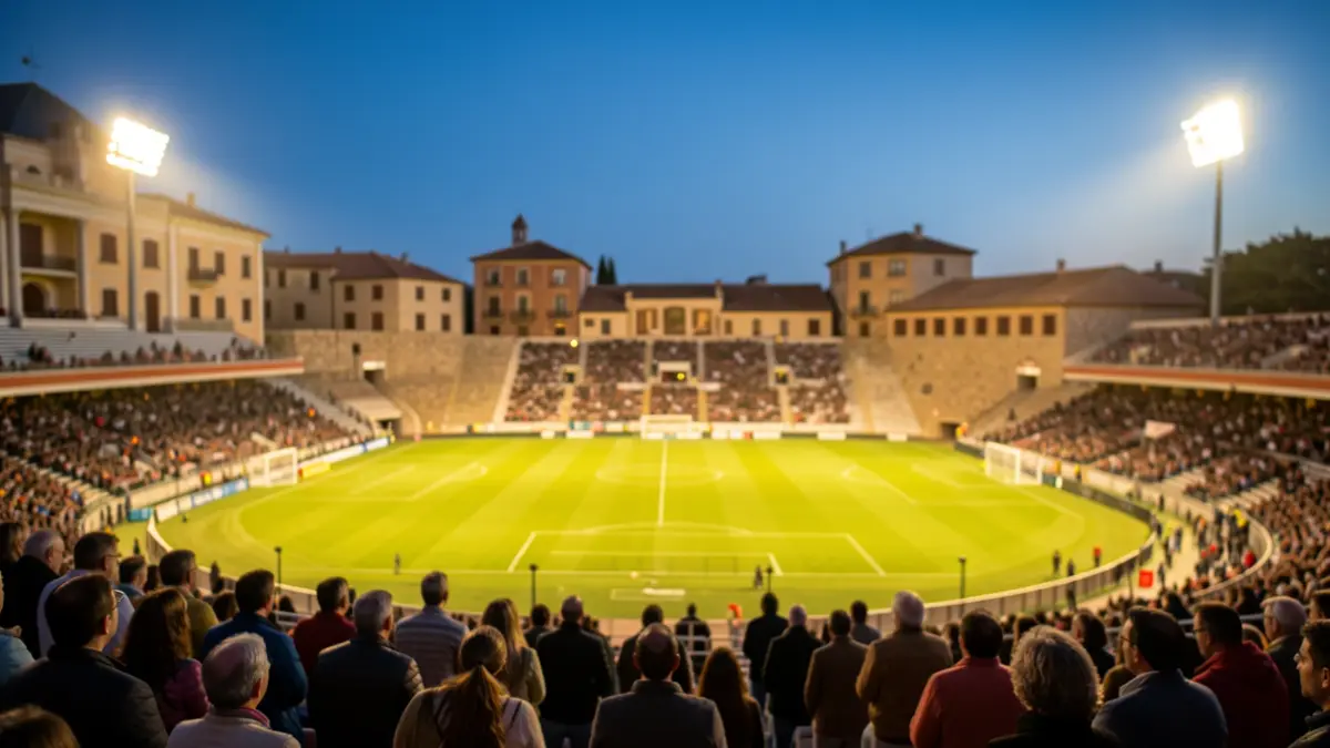 Imatge genèrica d'un estadi de futbol català al capvespre.
