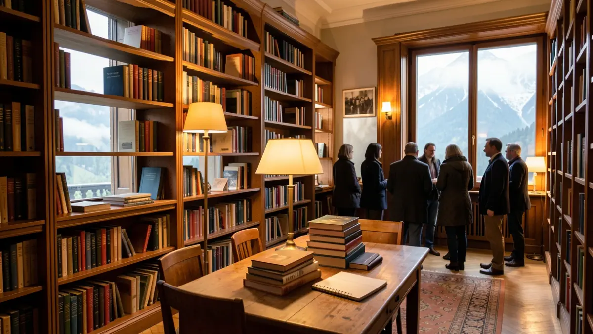 Interior d'una biblioteca amb vistes a la muntanya.