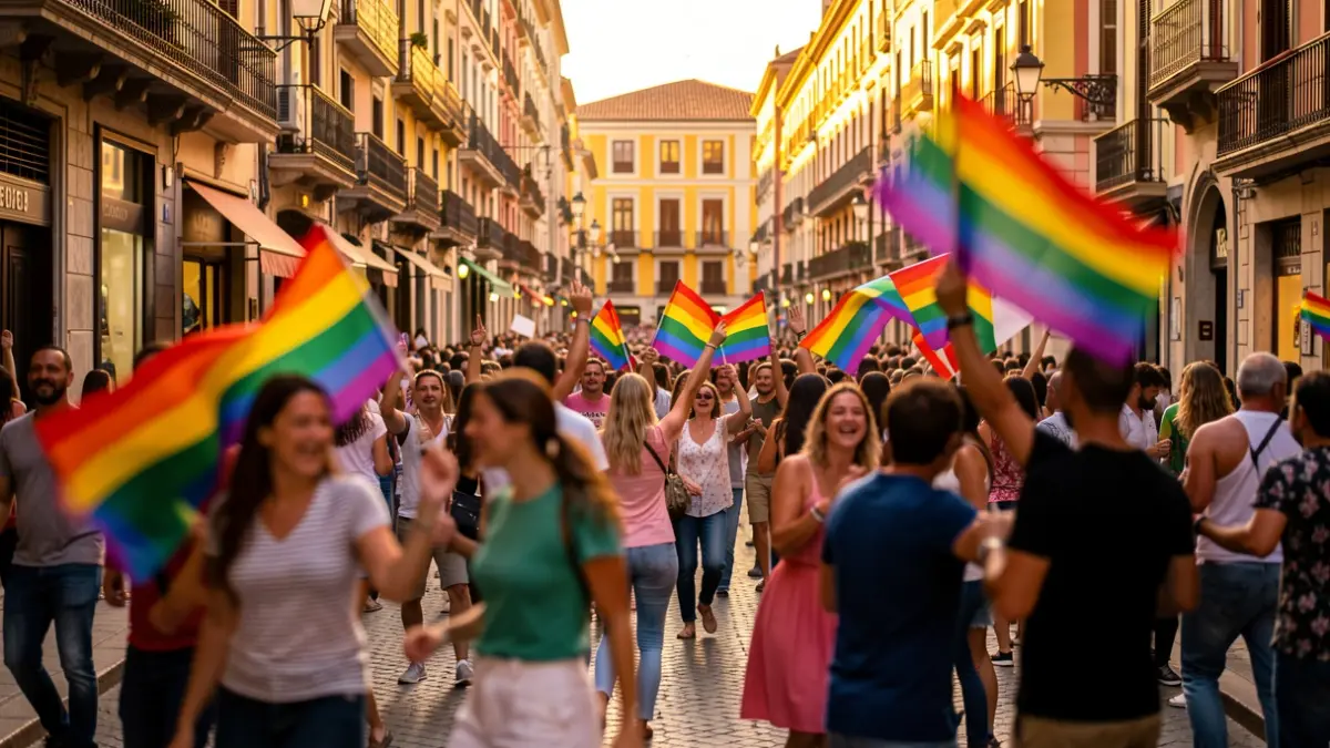 Imatge genèrica d'una celebració al carrer amb ambient festiu i elements LGTBI+.