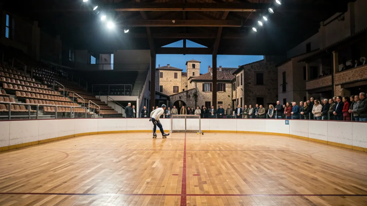 Imatge genèrica d'una pista de patinatge artístic amb seients buits i il·luminació dramàtica.