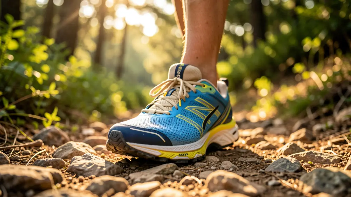 Imagen genérica de una zapatilla de trail running en un sendero rocoso.