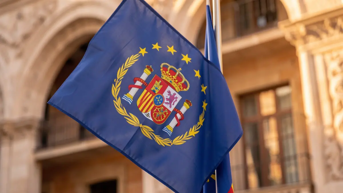 Generic image of a diplomatic flag with a Mediterranean architectural background.