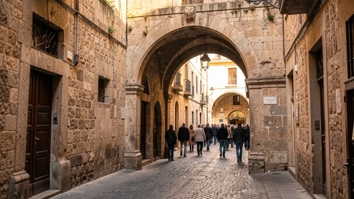 Imatge genèrica d'un arc antic en un carrer empedrat del Barri Gòtic de Barcelona.