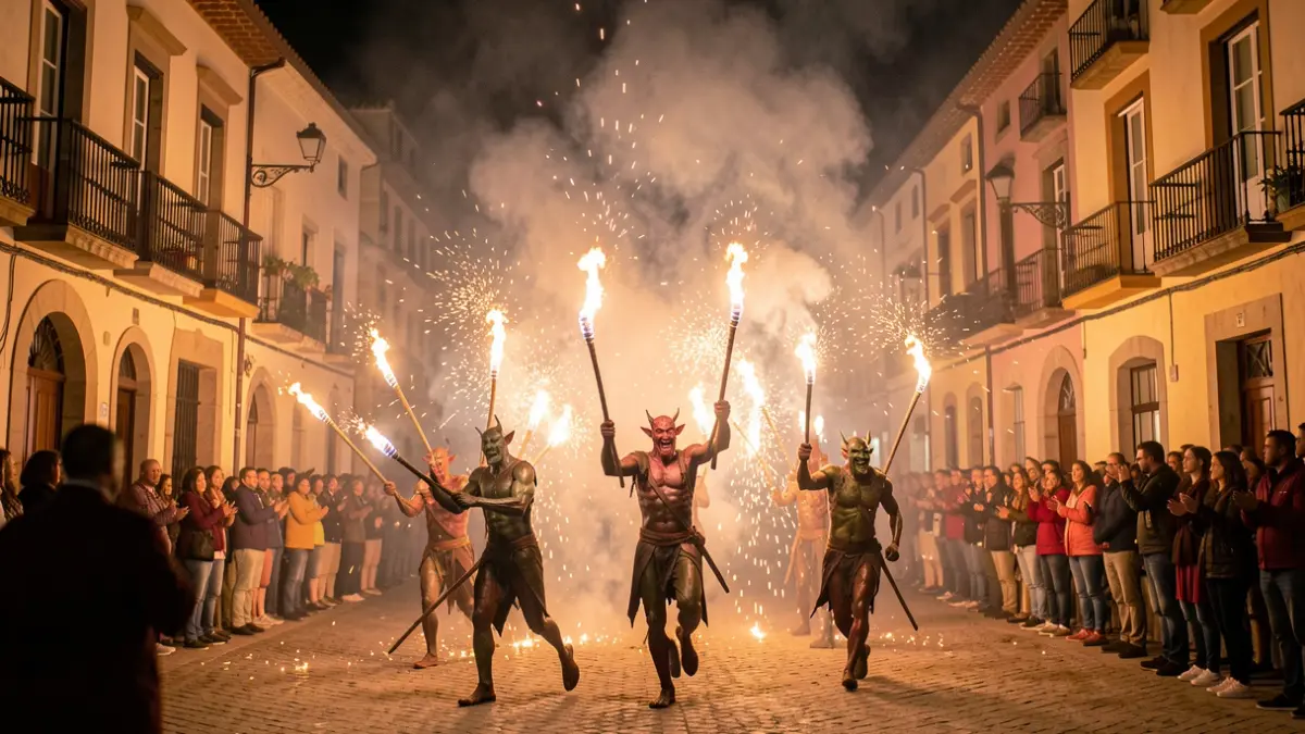 Imatge genèrica d'un Correfoc amb espurnes i tabals en una plaça de poble.