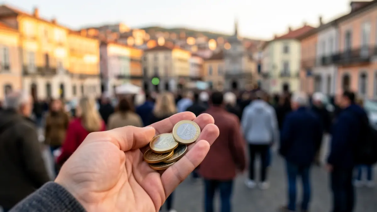 Imagen genérica de monedas en una mano con un paisaje urbano catalán al fondo.