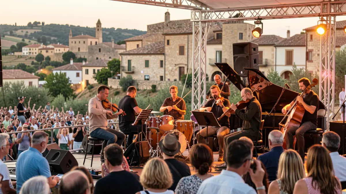 Escena de un festival de música en las Terres de l'Ebre con músicos tocando instrumentos.