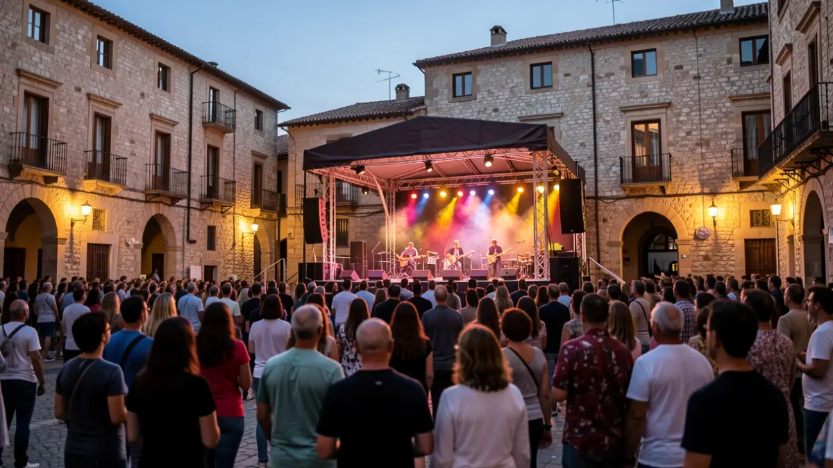 Generic image of an outdoor music festival in a historic Catalan town square.
